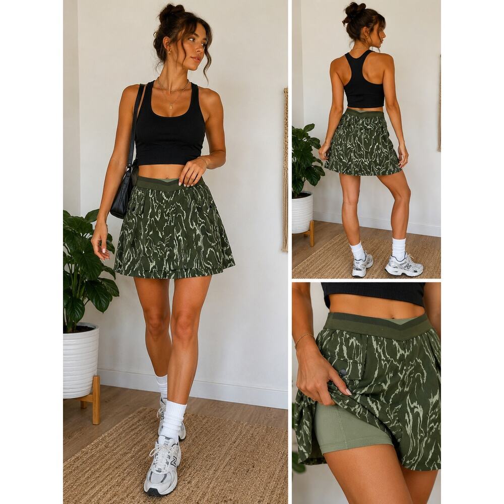 Athleta Green Camo Printed Athletic Skort Women’s Size 8 Built In Shorts